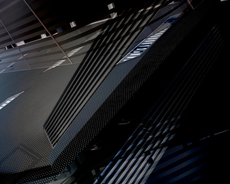 Generic architectural elements. Collage of modern office architecture in darkness. Grunge structure of building interior with pitched ceiling and metal balustrade of staircase.