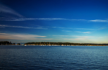 Water, sky, land and boats in Nanaimo, BC, Canada