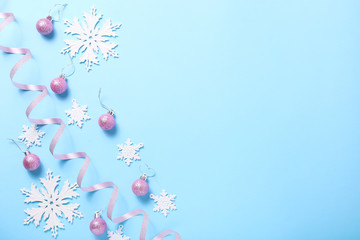 Fototapeta na wymiar Christmas decorations on blue background. Christmas Flat lay. New Year greeting card