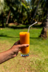 Girl holds in her hand a glass of freshly squeezed mango juice.