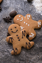 christmas decorative cookies background around grey background. close up