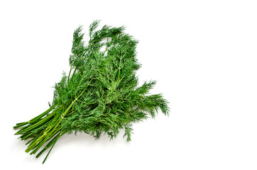 Fresh green dill on white. A bunch of dill photographed from above. Top view and flat lay.