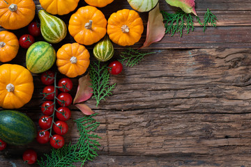 Obraz na płótnie Canvas Pumpkins on old rusrik wooden. Thanksgiving day