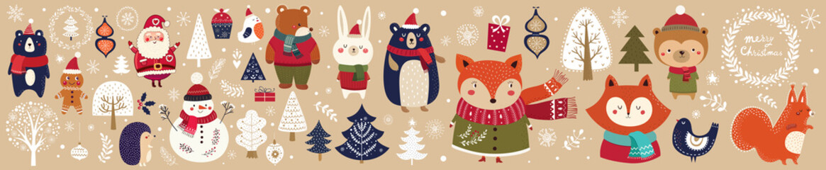 Christmas vector collection with cute fox, snowman,  bird and floral elements