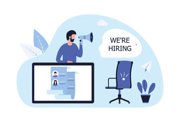 Business hiring recruitment concept, human resources work. Office chair, resume on screen, man with a megaphone in his hands, we're hiring. Vector flat illustration on a white background.