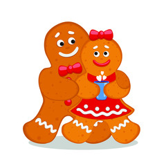 Cute funny gingerbread family couple hugging and looking at each other. Christmas food concept