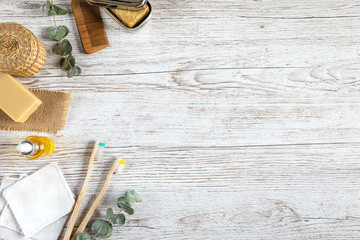 Natural bathroom accessories, top-view, side space