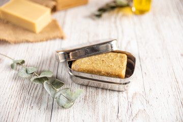 Natural bathroom product, handcrafted soap in soap holder, horizontal