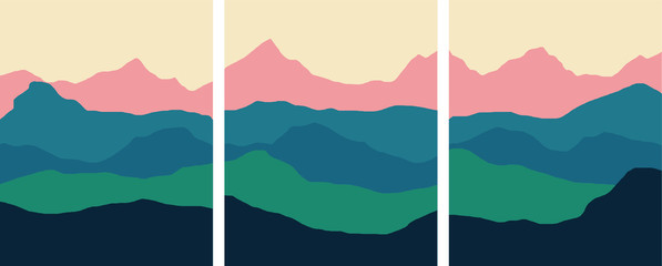 Set of vertical backgrounds or card templates with abstract mountains or hills of blue vivid colors. Bundle of minimal landscape backdrops. Vector illustration in modern art style