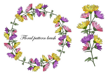 Floral patterned brush. Vector spring, summer illustration. Branch with blooming bright chrysanthemums, hand-drawn. Flower design for decoration for wedding, birthdays.