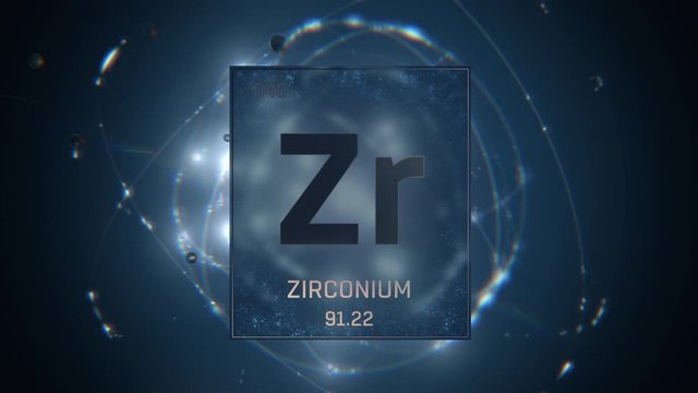Zirconium as Element 40 of the Periodic Table. Seamlessly looping 3D animation on blue illuminated atom design background with orbiting electrons. Design shows name, atomic weight and element number