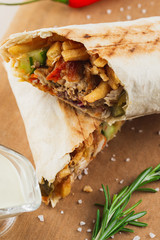 delicious doner kebab on wooden board
