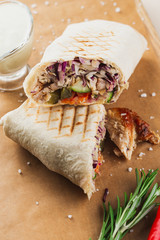 delicious doner kebab on wooden board