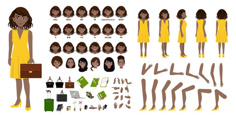 African American Businesswoman cartoon character creation set with various views, hairstyles, face emotions, lip sync and poses. Parts of body template for design work and animation.