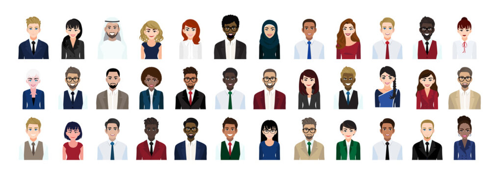 Business people cartoon character head collection set. Businessmen and businesswomen in office style on white background. Flat vector illustration