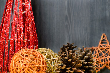 Christmas ornaments on table with dark background