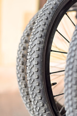 Bycicle wheels and tyres. Close up