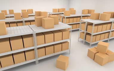 Warehouse interior with shelves, racks and boxes.