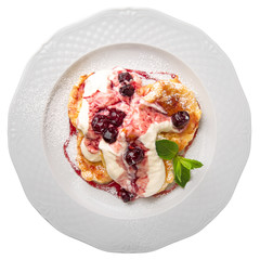 Breakfast pancakes with topping of meat, vegetables or berries. Gourmet restaurant menu. Isolated on white background. Flat lay top view