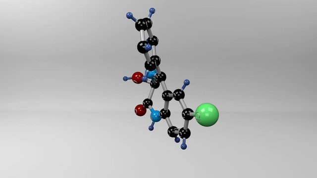 Oxazepam molecule. Molecular structure of oxazepam, used in the therapy of anxiety, insomnia and acute alcohol withdrawal syndromes.