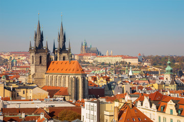 Fototapeta na wymiar Prague - The view overt the City with the Church of Our Lady before Týn and Castle with the Cathedral in the background.