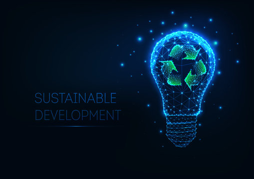 Futuristic Sustainable Development Concept With Glowing Low Polygonal Light Bulb And Recycle Sign