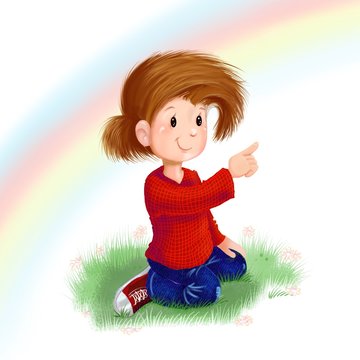  Boy and rainbow, boy pointing, cute cartoon.