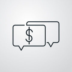 Fototapeta premium Logotipo aviso de pago. Icono plano lineal dolar en burbuja habla en fondo gris