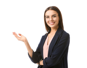 Beautiful young businesswoman on white background