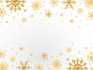 Gold snowflakes frame on white background. Golden snowflakes border with different ornaments. Luxury Christmas garland. Winter ornament for packaging, cards, invitations. Vector illustration
