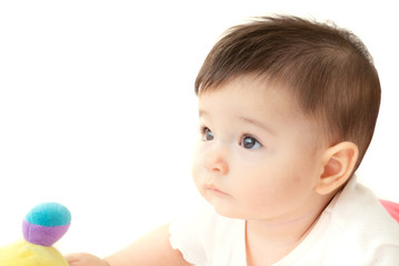 close-up side baby face and isolated white background