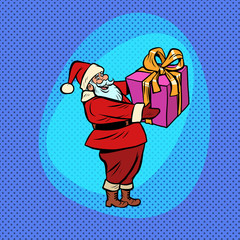 Santa Claus with gift box. Comic cartoon pop art retro