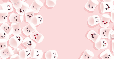 Marshmallow background. Tasty marshmallows on pink background. Candy texture.