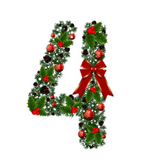 Number 4 with decoration for Christmas design and New Year with spruce tree and holly red berries. Creative alphabet, arabic four number and sign vector. Vector Font for Title, Header, Lettering, Logo