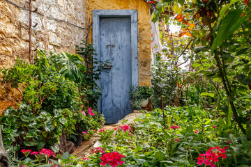 Fototapeta na wymiar Door on a house leading to a garden in Zadar