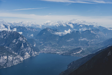 View of Riva del garda village in lake Garda from top of Monte Baldo in Italy