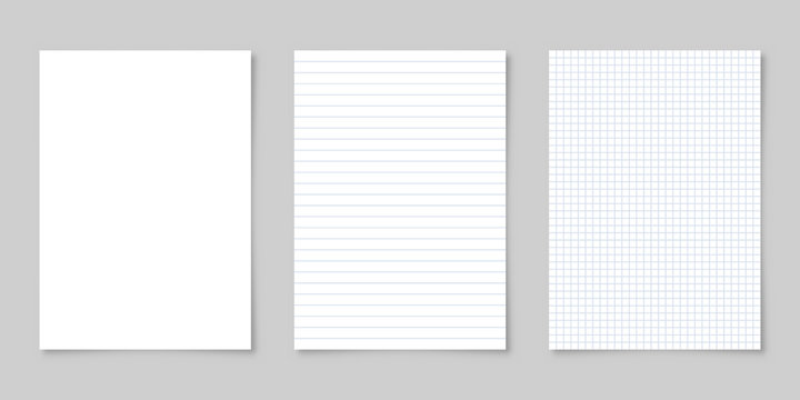 Realistic blank lined paper sheet with shadow in A4 format isolated on gray background collection. Notebook or book page. Design template or mockup. Vector illustration.