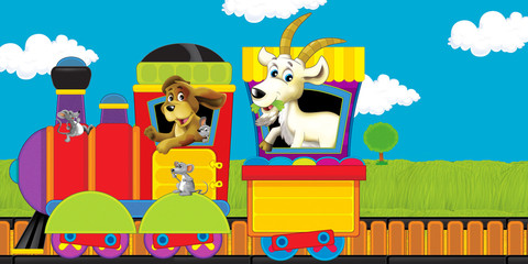 cartoon steam train on tracks with farm animals on white background space for text - illustration for children