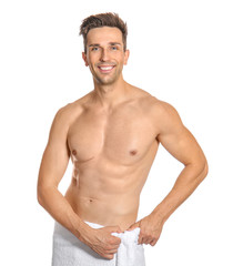 Fototapeta premium Handsome young man after depilation on white background