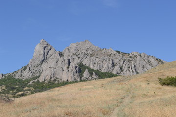 Mount Syuru Kaya in Crimea against the background of steppe vegetation and blue sky.