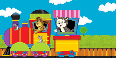 cartoon steam train on tracks with farm animals on white background space for text - illustration for children