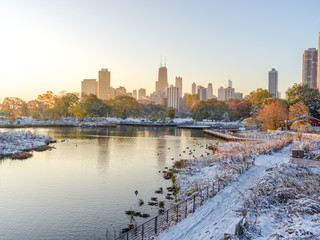 Chicago Lincoln Park fall foliage in snow
