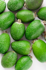 Juicy and ripe feijoa isolated on a white background. Healthy autumn fruit.