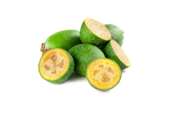 Juicy and ripe feijoa isolated on a white background. Healthy autumn fruit.
