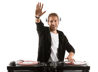 Male dj playing music on white background