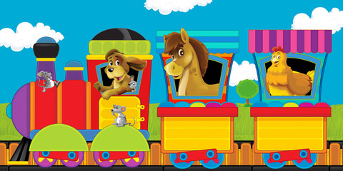 cartoon steam train on tracks with farm animals on white background space for text - illustration for children