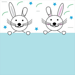 kawaii style bunnies on Memphis background with copy space