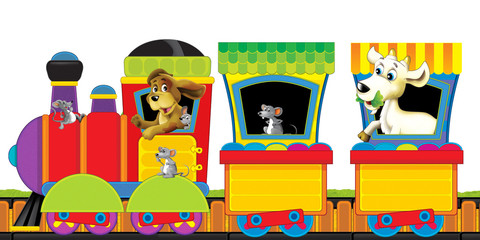 cartoon steam train on tracks with farm animals on white background space for text - illustration for children