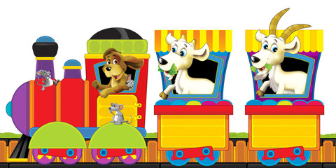 Fototapeta premium cartoon steam train on tracks with farm animals on white background space for text - illustration for children