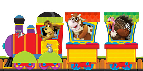 Naklejka premium cartoon steam train on tracks with farm animals on white background space for text - illustration for children